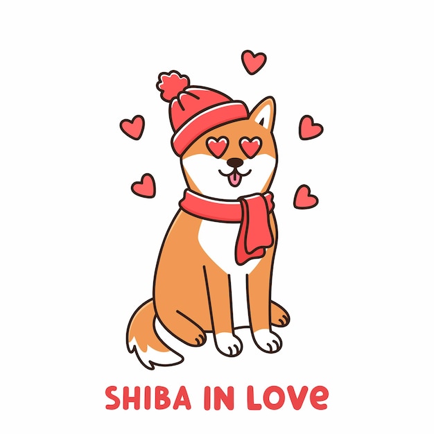 Lindo perro de raza japonesa shiba inu con sombrero rojo y bufanda enamorado de corazones en los ojos