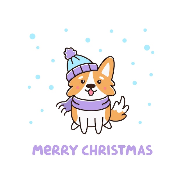 lindo perro raza welsh corgi con sombrero y bufanda con copos de nieve feliz navidad