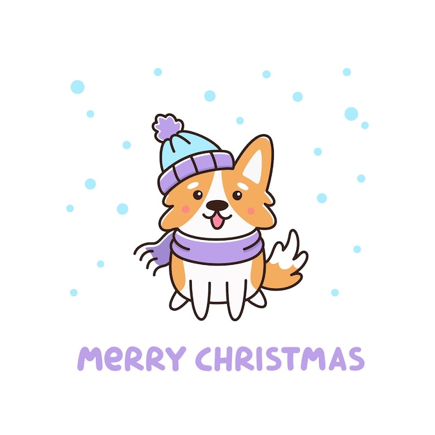 Lindo perro raza welsh corgi con sombrero y bufanda con copos de nieve feliz navidad