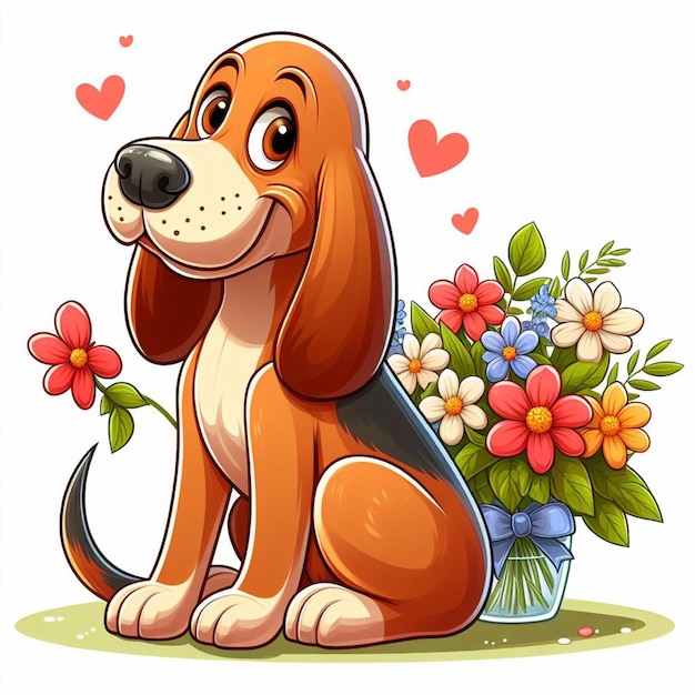 Lindo perro sabueso y flores Ilustración de dibujos animados vectorial