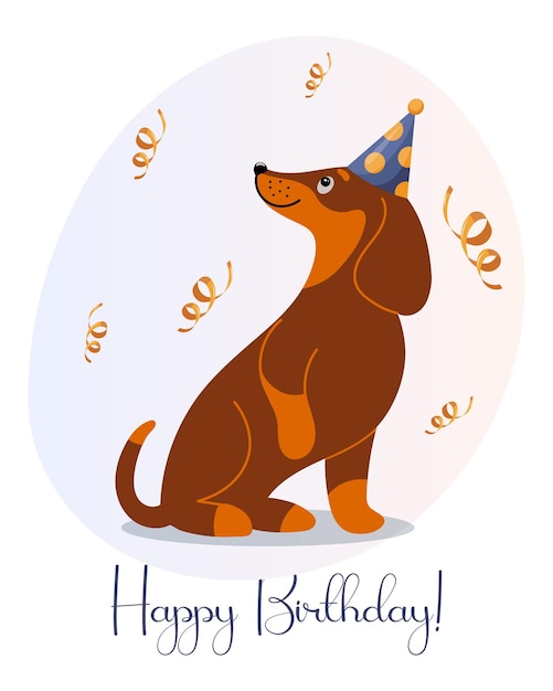 Lindo perro salchicha con una gorra festiva en la cabeza y serpentinas doradas Tarjeta de cumpleaños