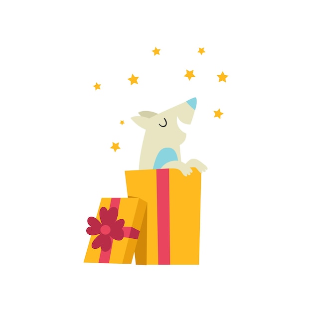 Lindo perro sentado en una caja de regalo personaje animal de divertidos dibujos animados en el vector de fiesta de cumpleaños ilustración aislada sobre fondo blanco