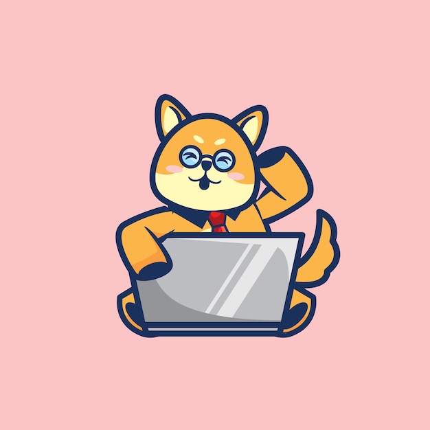 Vector lindo perro shiba inu aprende a usar la ilustración de vector de minimalismo plano de dibujos animados de computadora portátil