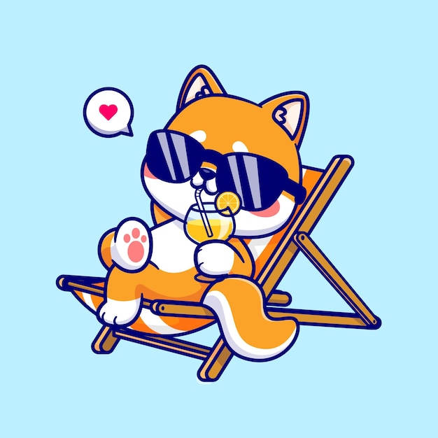 Lindo perro shiba inu bebiendo jugo de naranja en el banco de la playa con gafas vector de dibujos animados aislado