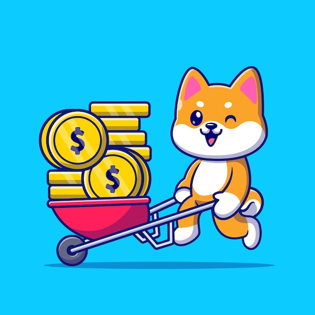 Vector lindo perro shiba inu empujando el carro ilustración de icono de vector de dibujos animados de moneda de oro. concepto de icono de negocio animal aislado vector premium. estilo de dibujos animados plana