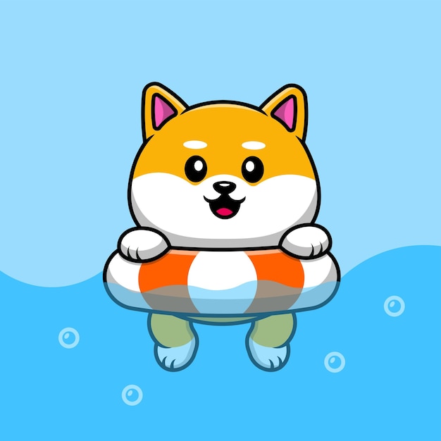 Lindo perro Shiba Inu flotando con neumáticos de natación en la ilustración del icono del vector de dibujos animados del mar