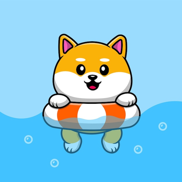 Vector lindo perro shiba inu flotando con neumáticos de natación en la ilustración del icono del vector de dibujos animados del mar