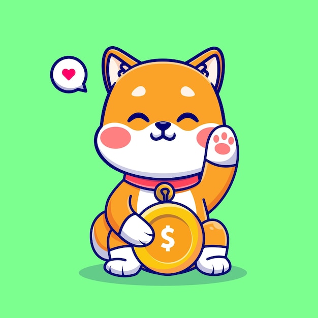 Vector lindo perro shiba inu con ilustración de icono de vector de dibujos animados de moneda de oro. icono de finanzas animales aislado