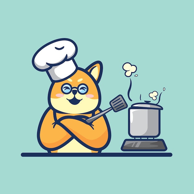 Lindo perro Shiba inu intenta cocinar ilustración de vector de minimalismo plano de dibujos animados