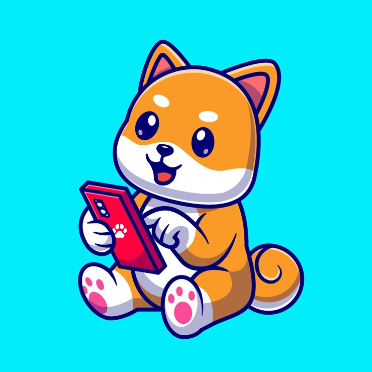 Vector lindo perro shiba inu jugando ilustración de icono de vector de dibujos animados de teléfono. concepto de icono de tecnología animal aislado vector premium. estilo de dibujos animados plana