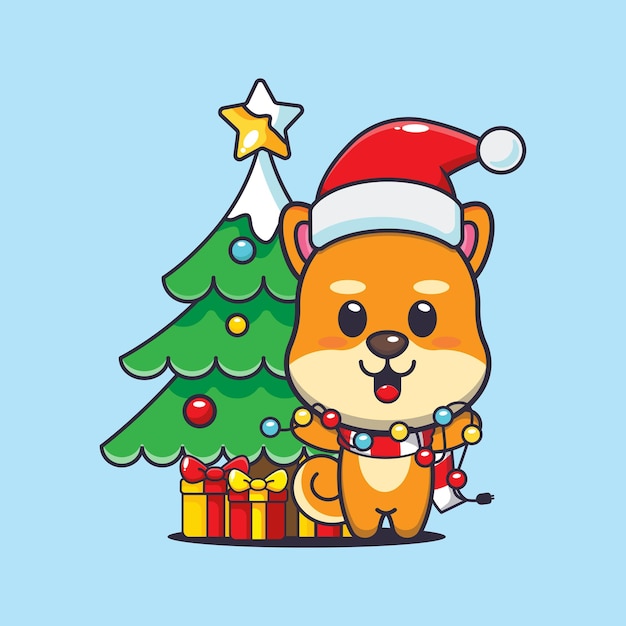 Lindo perro shiba inu con lámpara navideña. Linda ilustración de dibujos animados de Navidad.
