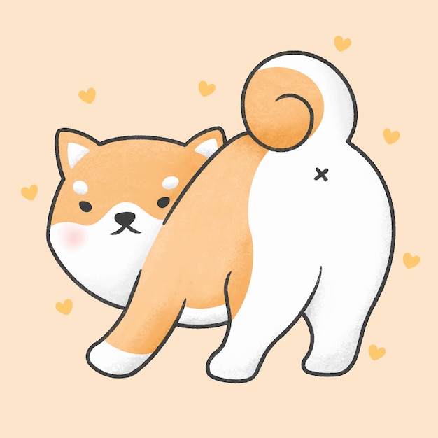 Lindo perro shiba inu mirando hacia atrás estilo dibujado a mano de dibujos animados