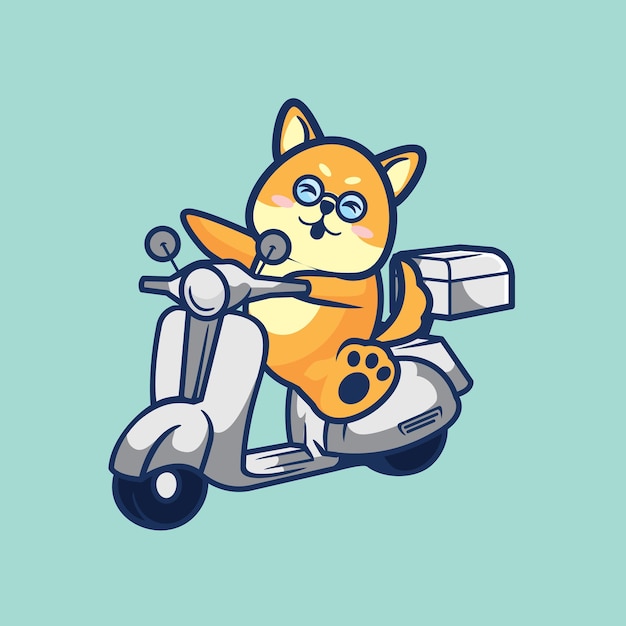 Lindo perro Shiba inu monta una ilustración de vector de minimalismo plano de dibujos animados de vespa