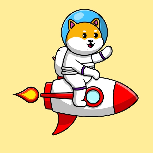 Vector lindo perro shiba inu montando cohete y agitando la mano dibujos animados vector icono ilustración
