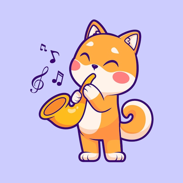 El lindo perro Shiba Inu tocando el saxofón Ilustración de icono vectorial de dibujos animados Música de animales aislada plana
