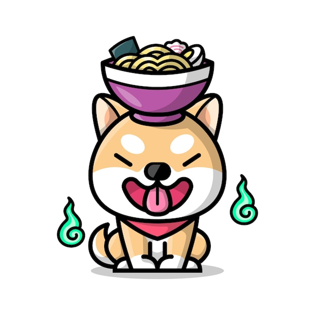 LINDO PERRO SHIBA CON UN TAZÓN DE RAMEN EN SU CABEZA ILUSTRACIÓN DE DIBUJOS ANIMADOS