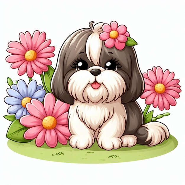 Vector el lindo perro shih tzu y las flores ilustración de dibujos animados vectorial