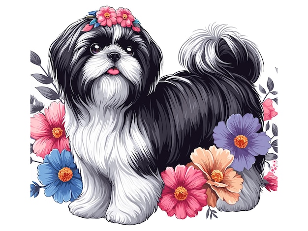 Vector el lindo perro shih tzu y los girasoles de dibujos animados de fondo blanco de estilo vectorial
