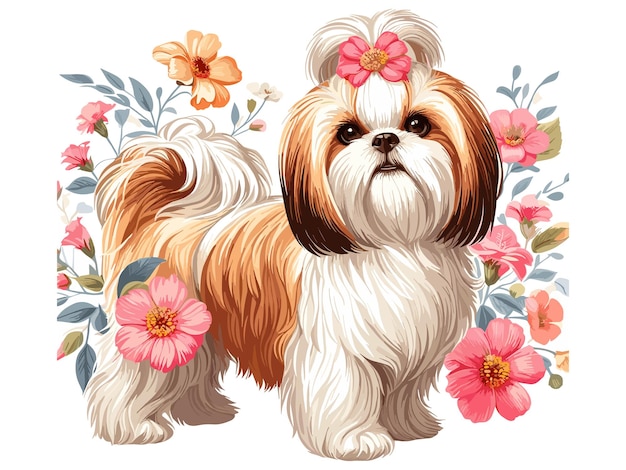 El lindo perro Shih Tzu y los girasoles de dibujos animados de fondo blanco de estilo vectorial