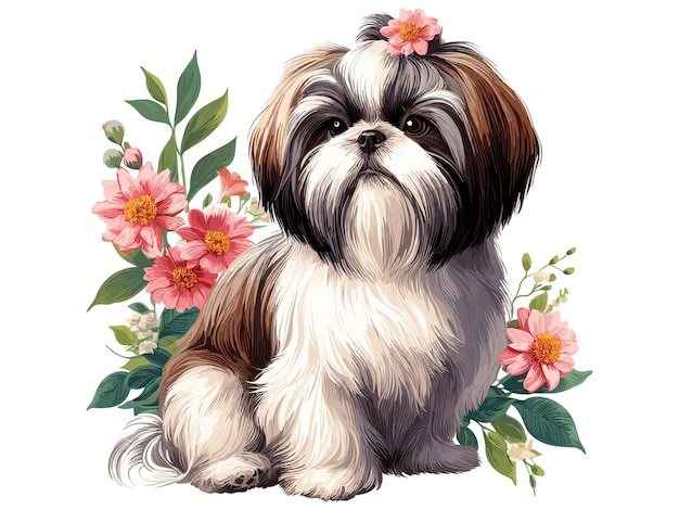 El lindo perro shih tzu y los girasoles de dibujos animados de fondo blanco de estilo vectorial