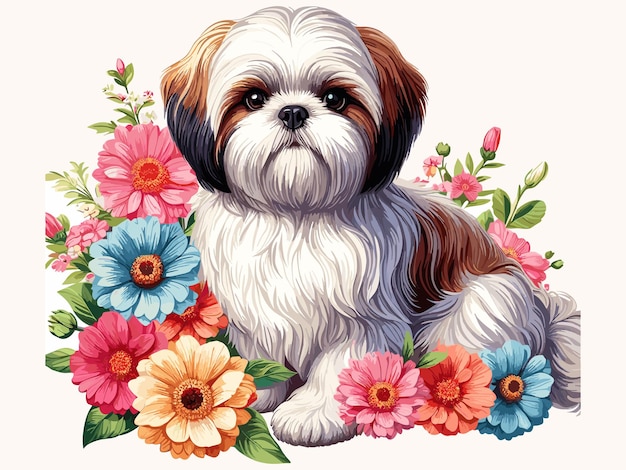 El lindo perro Shih Tzu y los girasoles de dibujos animados de fondo blanco de estilo vectorial