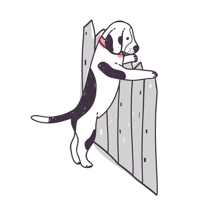 Vector lindo perro tratando de escalar la valla y escapar. perrito o cachorro travieso divertido aislado sobre fondo blanco. comportamiento desobediente de animal doméstico o mascota. ilustración de vector dibujado a mano colorido