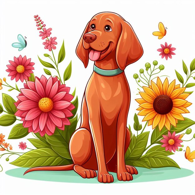 El lindo perro Vizsla y las flores Ilustración de dibujos animados vectoriales