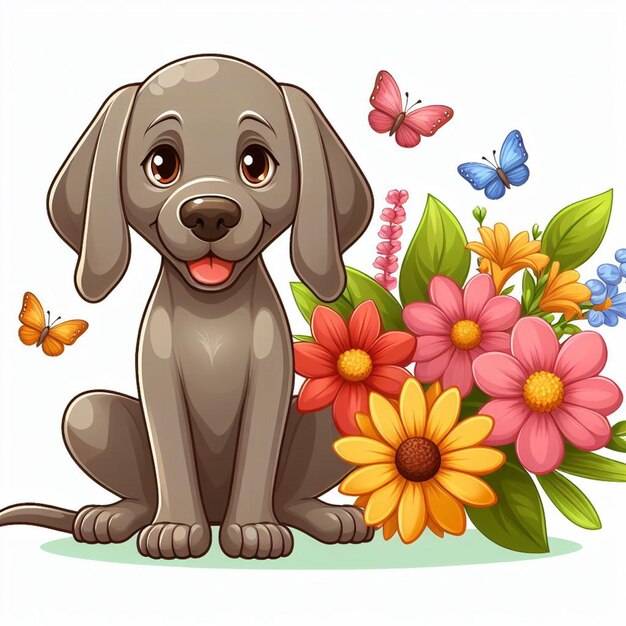 Vector lindo perro weimaraner y flores ilustración de dibujos animados vectorial