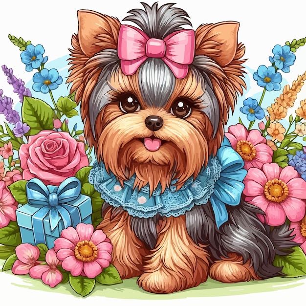 Vector lindo perro yorkie y flores ilustración de dibujos animados vectoriales