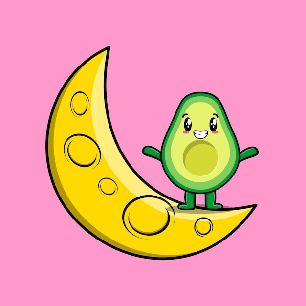 Lindo personaje de aguacate de dibujos animados de pie en la luna creciente en un diseño moderno 3d