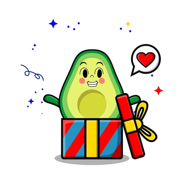 Lindo personaje de aguacate de dibujos animados que sale de una gran caja de regalo se ve tan feliz en el concepto de estilo de dibujos animados en 3d