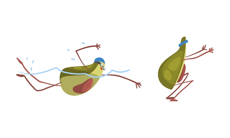 Vector el lindo personaje de aguacate nadando en la piscina y haciendo agachadas conjunto vectorial
