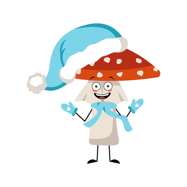 Lindo personaje de amanita con emociones alegres, cara sonriente, ojos felices, brazos y piernas. Hongo agárico de mosca del bosque con expresión amable. Persona feliz año nuevo en guantes, bufanda y gorro de Papá Noel azul
