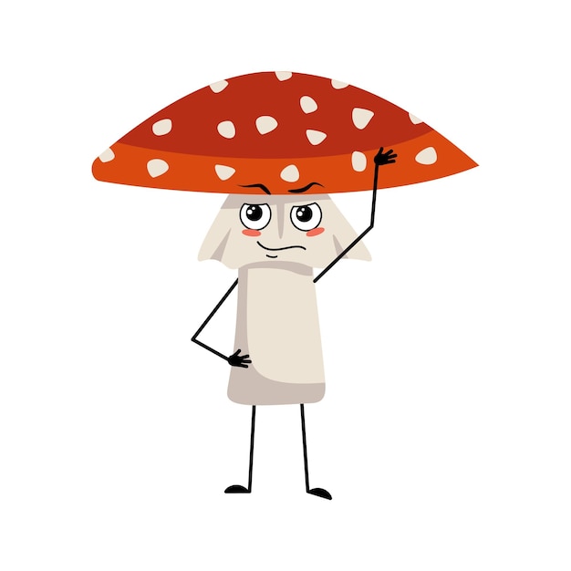 Lindo personaje de amanita con emociones de un héroe una cara valiente brazos y piernas seta agárico de mosca de f ...