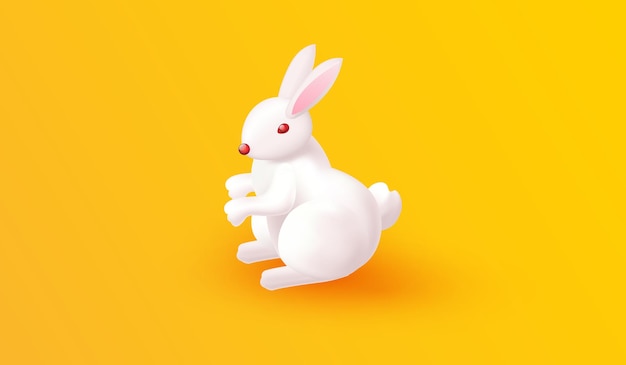 Lindo personaje animal de conejo blanco aislado sobre fondo amarillo para banner de póster y diseño de postal estilo de ilustración vectorial 3d