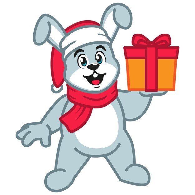 Lindo personaje animal de conejo con regalo de Navidad
