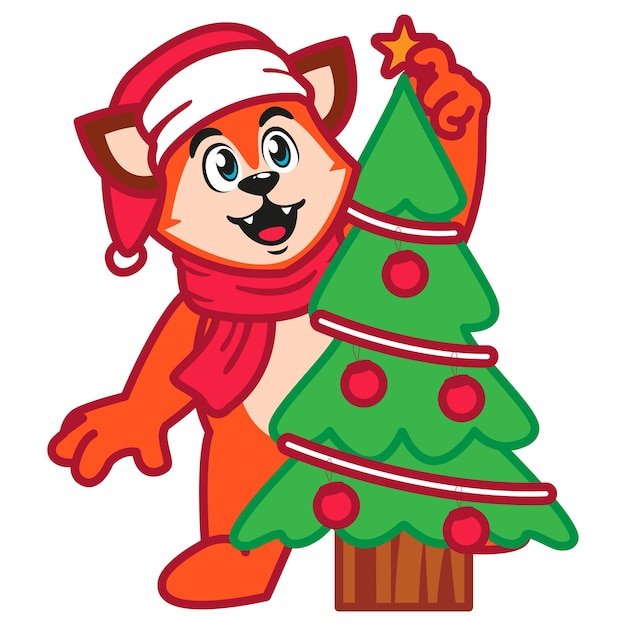 Lindo personaje animal de zorro rojo con árbol de Navidad