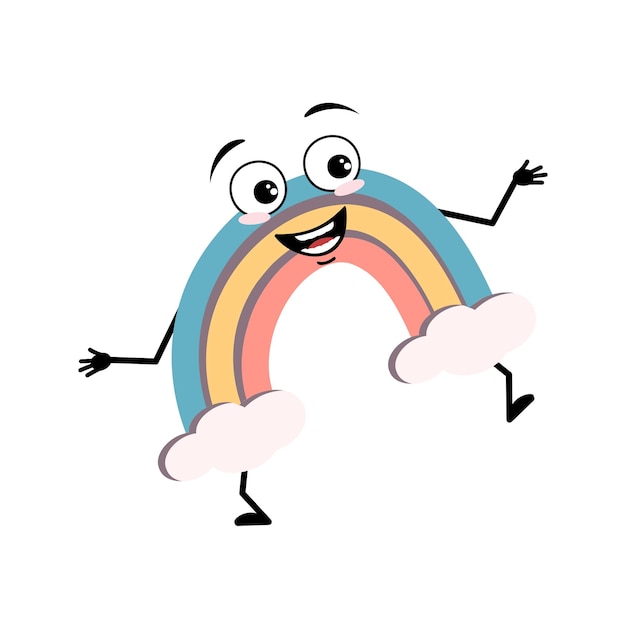 Lindo personaje de arco iris con emoción feliz cara alegre sonrisa ojos brazos y piernas Persona con expresión divertida y pose Vector ilustración plana