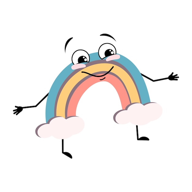 Lindo personaje de arco iris con emoción feliz cara alegre sonrisa ojos brazos y piernas Persona con expresión divertida y pose Vector ilustración plana