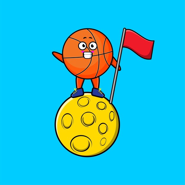 Lindo personaje de baloncesto de dibujos animados de pie en la luna con bandera en diseño moderno 3d