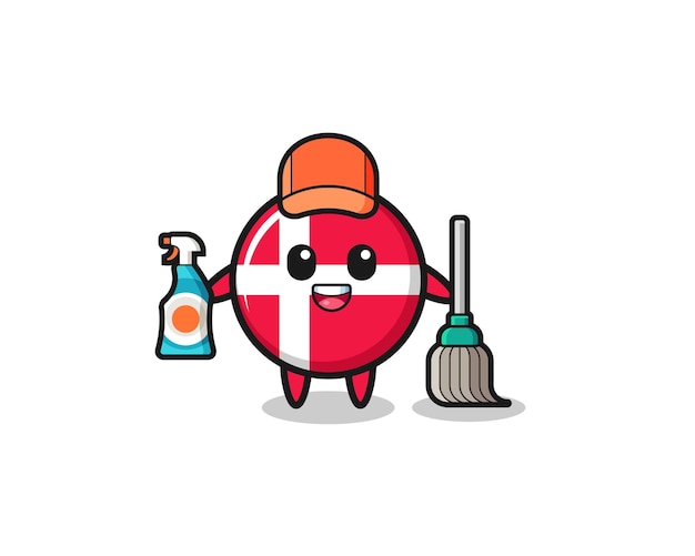 Lindo personaje de la bandera de dinamarca como diseño lindo de la mascota de los servicios de limpieza