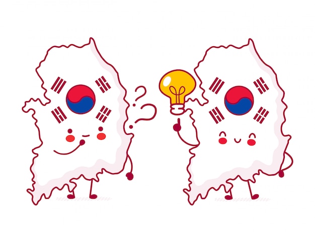 Lindo personaje de bandera y mapa de corea del sur divertido feliz con signo de interrogación y bombilla.