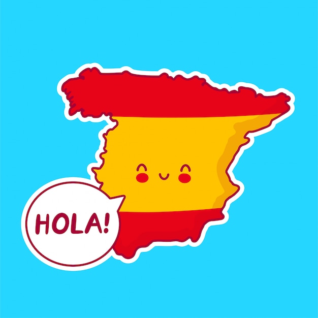 Vector lindo personaje de bandera y mapa de españa divertido feliz con la palabra hola en bocadillo!