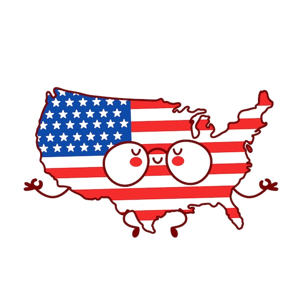 Lindo personaje de bandera y mapa de estados unidos divertido feliz meditar