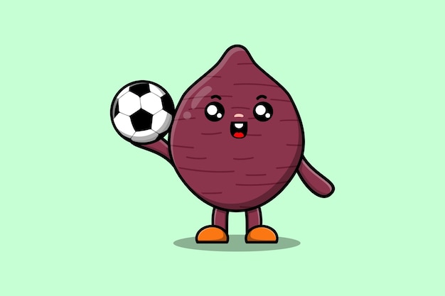 Lindo personaje de batata de dibujos animados jugar al fútbol