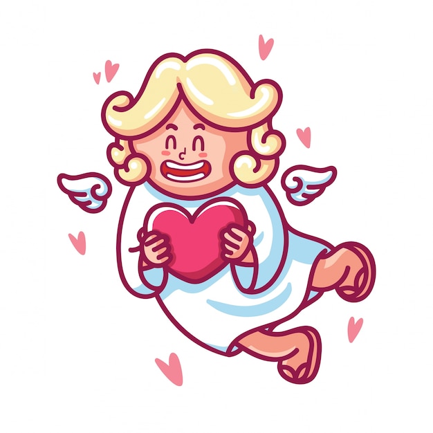 Lindo personaje de bebé cupido con alas y corazón.