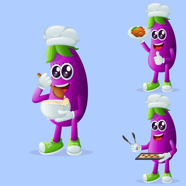 Lindo personaje de berenjena en la cocina.