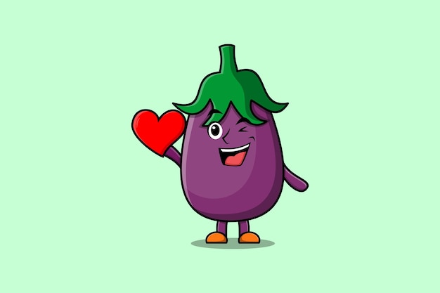 Lindo personaje de berenjena de dibujos animados con un gran corazón rojo en una ilustración de diseño de estilo moderno