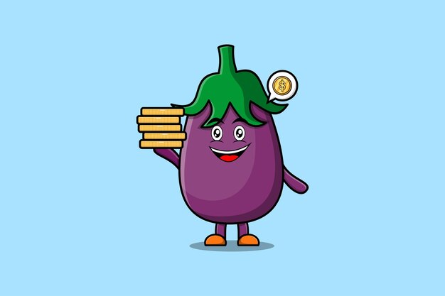 Lindo personaje de berenjena de dibujos animados sosteniendo en la ilustración de vector de moneda de oro apilada