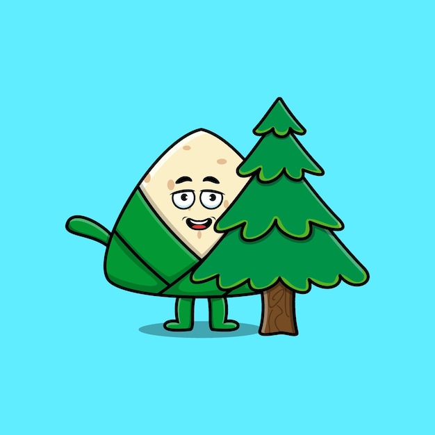 Lindo personaje de bola de masa hervida de arroz chino de dibujos animados que oculta el árbol en un diseño plano moderno